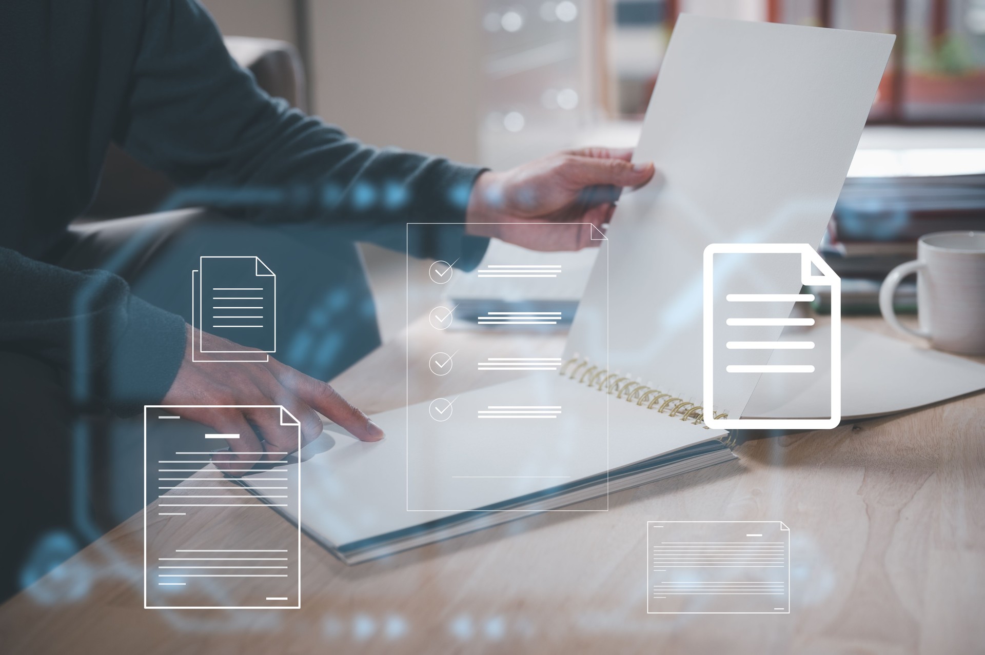 Document data system Report  HR technology Concept: Businessman Manager  checking  white documents reports papers of files icon in modern office